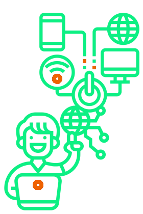 Iconos varios en referencia a la tecnología. Aparece la silueta de una persona delante de un portátil con el dedo levantado desde que sale una bola del mundo, el símbolo de encendido, un teléfono móvil y una pantalla. 