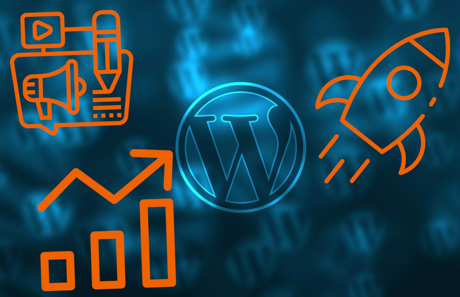 Símbolo WordPress con un cohete, gráfico y gestor de contenidos