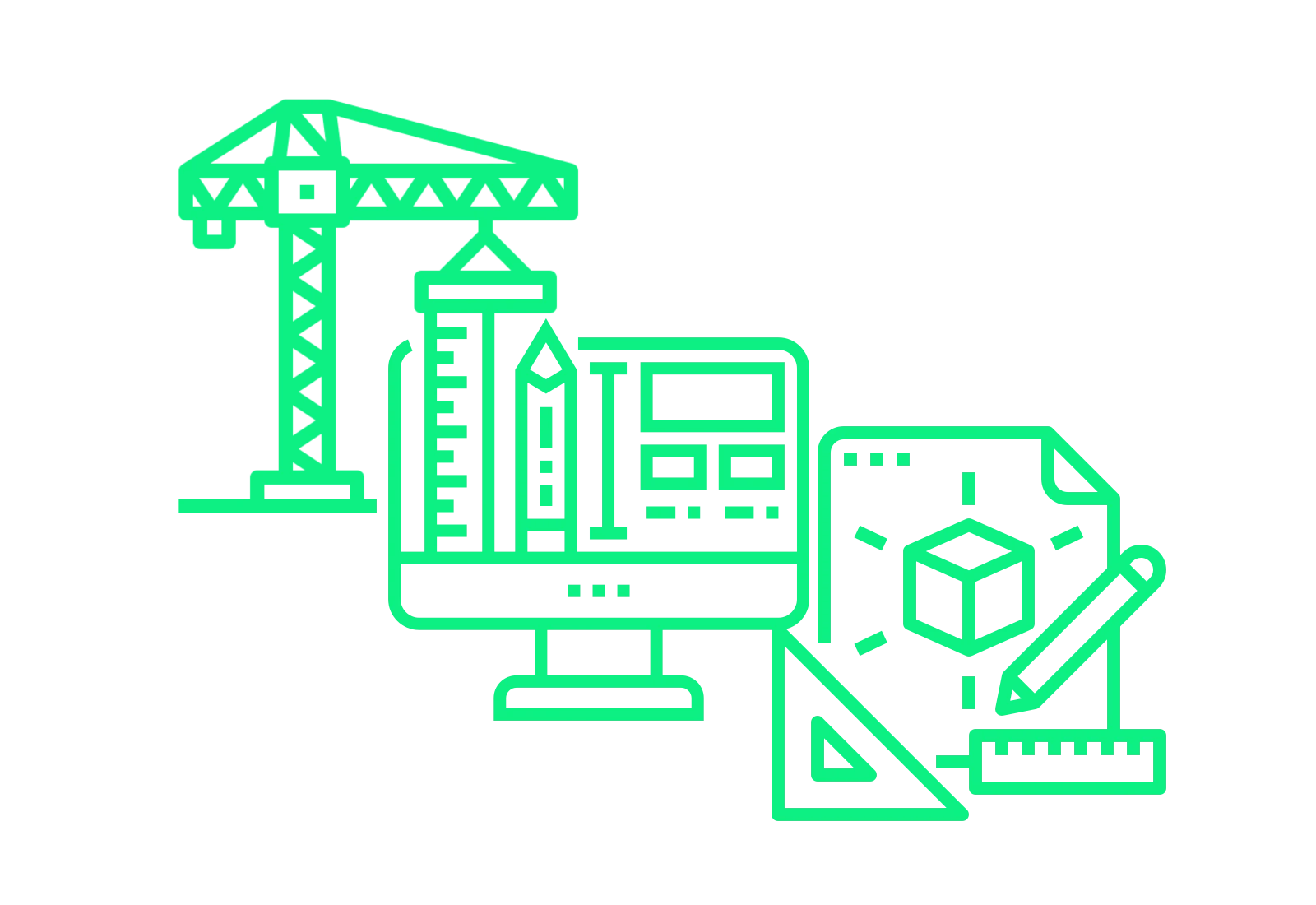 Icono de grua de construcción suspendiendo un monitor de diseño web y un cartabón junta a una hoja de dibujo
