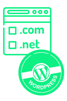 Listado de extensión de dominio .com y .net con un sello de WordPress. Crea una página web para pyme profesional con WordPress