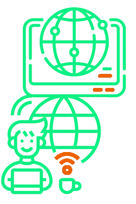 Iconos en relación a Internet. Persona navegando en Internet en un portátil. 