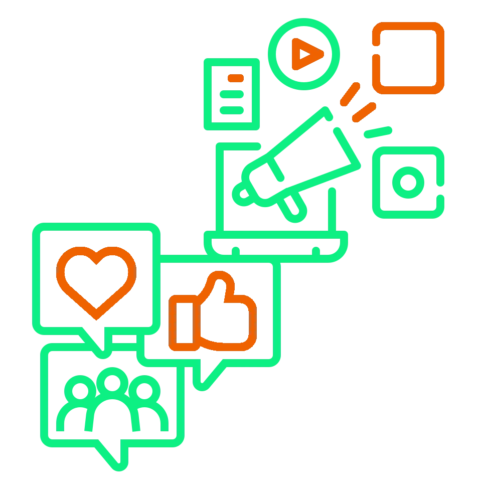 Iconos Kit digital, programa para transformar los negocios de autónomos y pymes, redes sociales