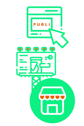 Conjunto de iconos, uno es el de una tienda con toldo sobre el que aparece el otro que es el de un panel informativo. El último es el de un sitio web con la palabra publi