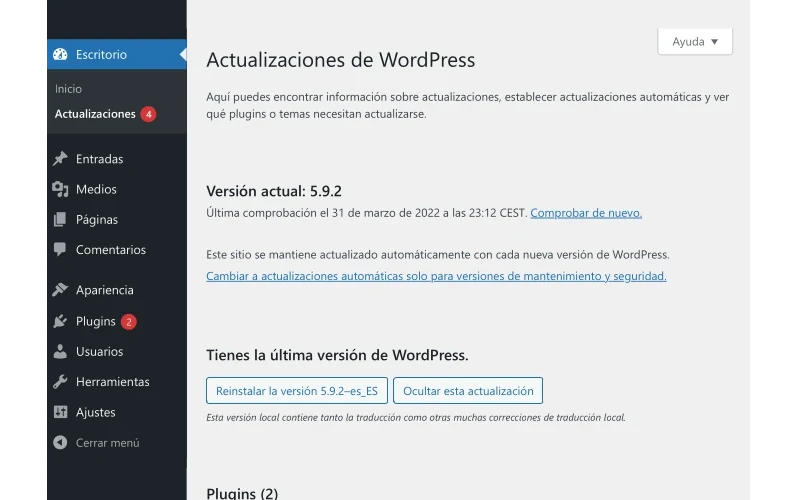Pantalla actualizaciones de WordPress
