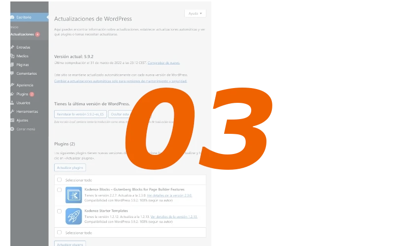 Pantalla actualizaciones de WordPress