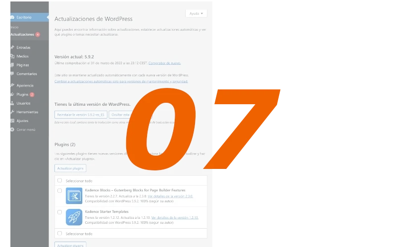 Pantalla actualizaciones de WordPress