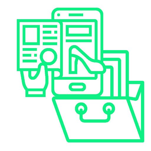 Dibujo de una cartera portadocumentos de la que sale un Smartphone donde se ve una tienda